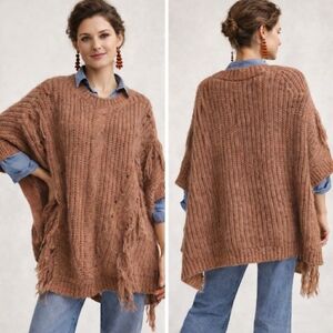New Anthropologie Marled Knit Fringe Poncho Sweater Oversized Small - Plus Size